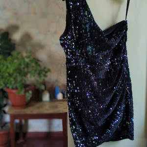 Shimmery sequins one shoulder black mini dress by AX Paris  medium size
