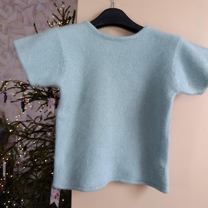 May include: A pale blue short-sleeved jumper hangs on a black hanger. The jumper has a soft, fuzzy texture and a round neck. A Christmas tree with decorations and a neutral wall are in the background.