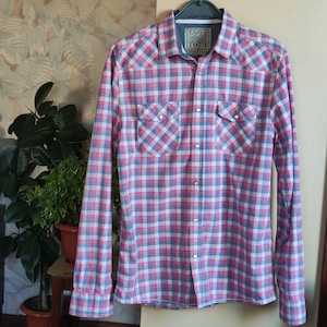 Western pink and purple Plaid Womens Button Up Shirt Checked Cotton Women Shirt Western Button Up Shirt Oxford Long Sleeve Shirt Size M  L