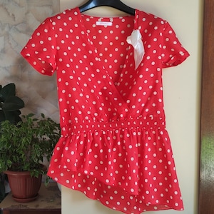 Vintage 2000&#39;s silk cotton red pin up polka dot sheer mesh womens short sleeve blouse size S