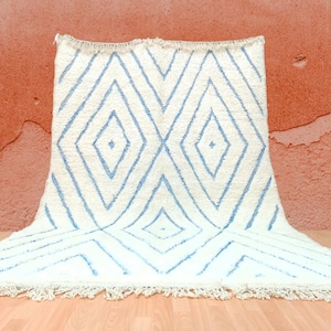 Modern Custom Moroccan Rug-Wool Berber Rug-Gorgeous Beni Ourain Style rug,Blue style carpet-Beniourain rug-blue and white Handwoven Rug