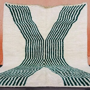 Custom White and Green Beni Ourain Moroccan Rug-Handwoven Wool Rug-beni ourain Style tapis-Unique White and Green X Design Rug