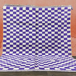 Purple Checker Custom Moroccan Wool Berber Rug-Gorgeous Beni Ourain Style Carpet-Custom Handwoven Rug-checkered Purple and White Rug