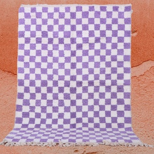 Custom Purple Checker Moroccan Rug-Wool Berber Rug-Gorgeous Beni Ourain Style Carpet-Custom Handwoven Rug-checkered Purple and White Rug