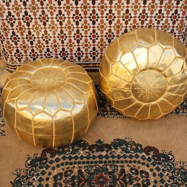 Pouf marocain en cuir doré, repose-pieds ottoman-pouf fait main, décoration unique, pouf berbère, pouf de cuir, pouf rond, coussin de sol
