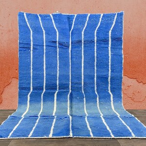 Custom Blue Moroccan Rug- wool berber Rug-Beni Ourain Style Carpet-Handwoven Blue and White Lines Rug - Unique design rug