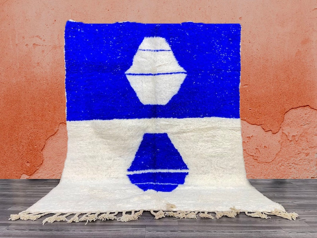 Unique Custom Blue and White Moroccan Rugbeni Ourain Berber Style