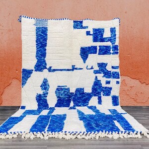 Unique Blue and White Custom Moroccan Rug-Beni Ourain Berber Style Carpet-Handwoven Wool Rug-Blue and White Geometrics Design Rug