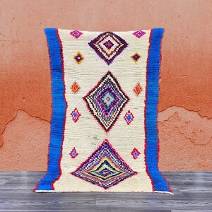 Boujaad Custom Blue Moroccan Rug- wool berber Rug-Boujaad Style Carpet-Handwoven Colorful Geometrics Rug - Unique design rug