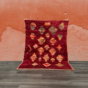 Boujaad Custom Red Moroccan Rug-Berber Wool Rug-Boujaad Style Carpet-Handwoven Moroccan rug- Red With Colorful Diamonds Design Rug