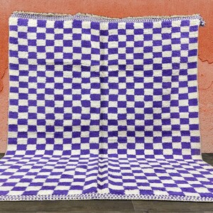 Purple Checker Custom Beni Ourain Moroccan Rug-Handwoven Wool Rug-Checker Style tapis-Dark Purple Rug-Unique White and Purple Design Rug