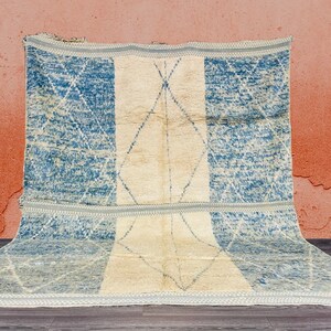 Beautiful Custom Moroccan Rug-Wool Berber Rug-Gorgeous Beni Ourain Style rug,Blue style carpet-Beniourain rug-blue and White Handwoven Rug