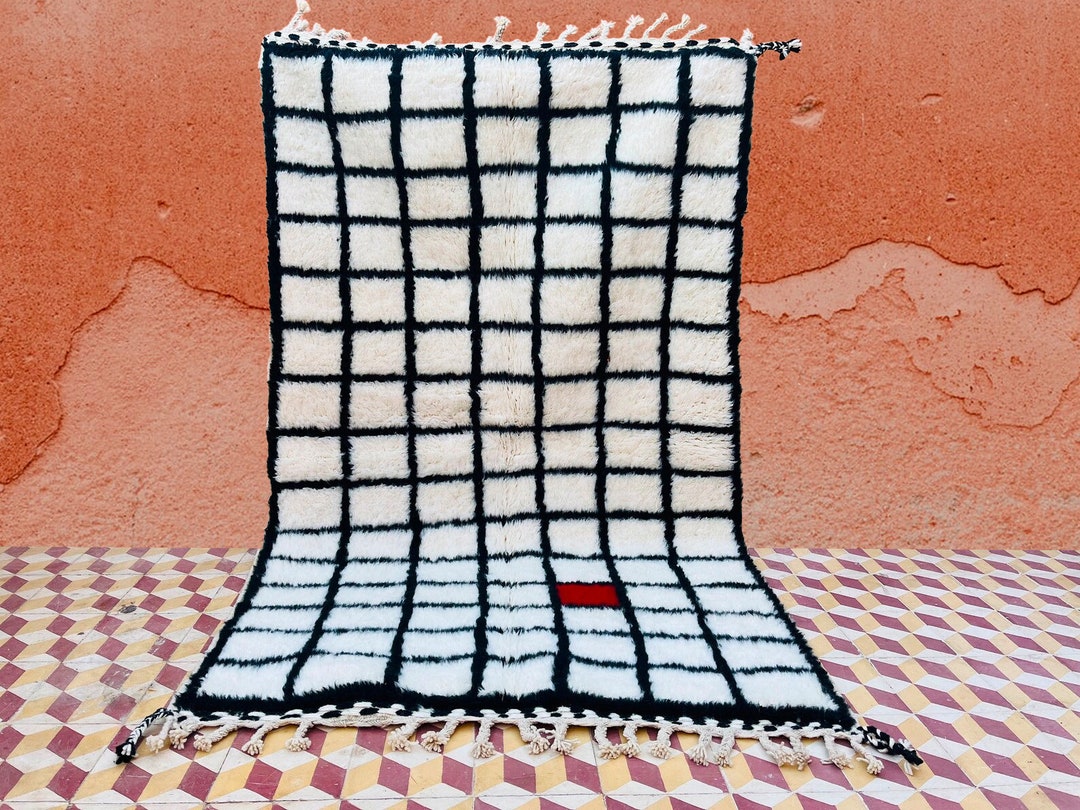 Black and White Grid Custom Moroccan Rug-wool Berber Rug-black and ...
