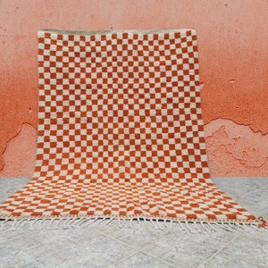 Custom Orange Checker Moroccan Wool Berber Rug-Gorgeous Beni Ourain Style Carpet-Custom Handwoven Rug-checkered Orange and White Rug