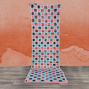 Vintage Custom Runner Moroccan Rug-Berber Wool Rug-Beni Ourain Style Carpet-Handwoven runner rug- Colorful Carreaux Design Rug