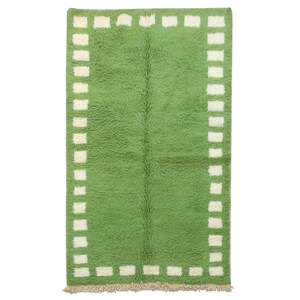 Beautiful Custom Moroccan Rug-Wool Berber Rug-Gorgeous Beni Ourain Style Carpet-Custom Green Rug-Handwoven, checkered green and white Rug
