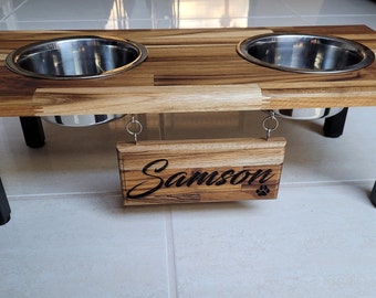 Elevated Small & Medium Double Dog or Cat Bowl Stand Feeding Station with Stainless Steel Bowls and Free Laser Engraved Name Tag