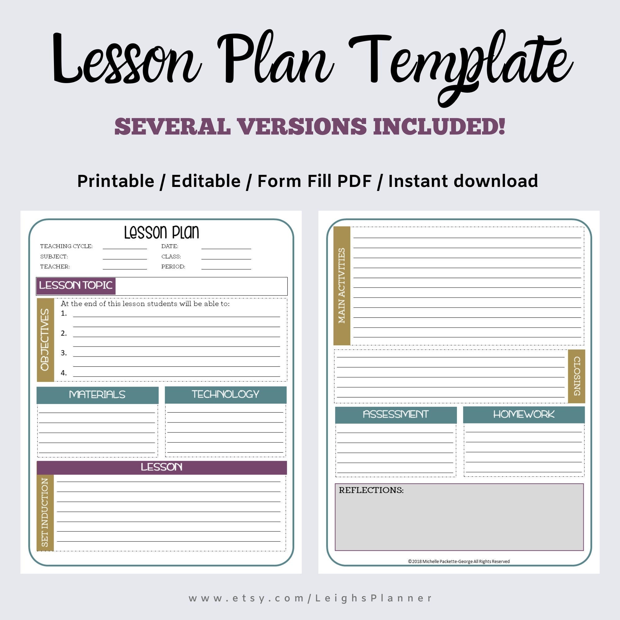 Lesson Plan Template for Teachers Editable / INSTANT Digital Etsy
