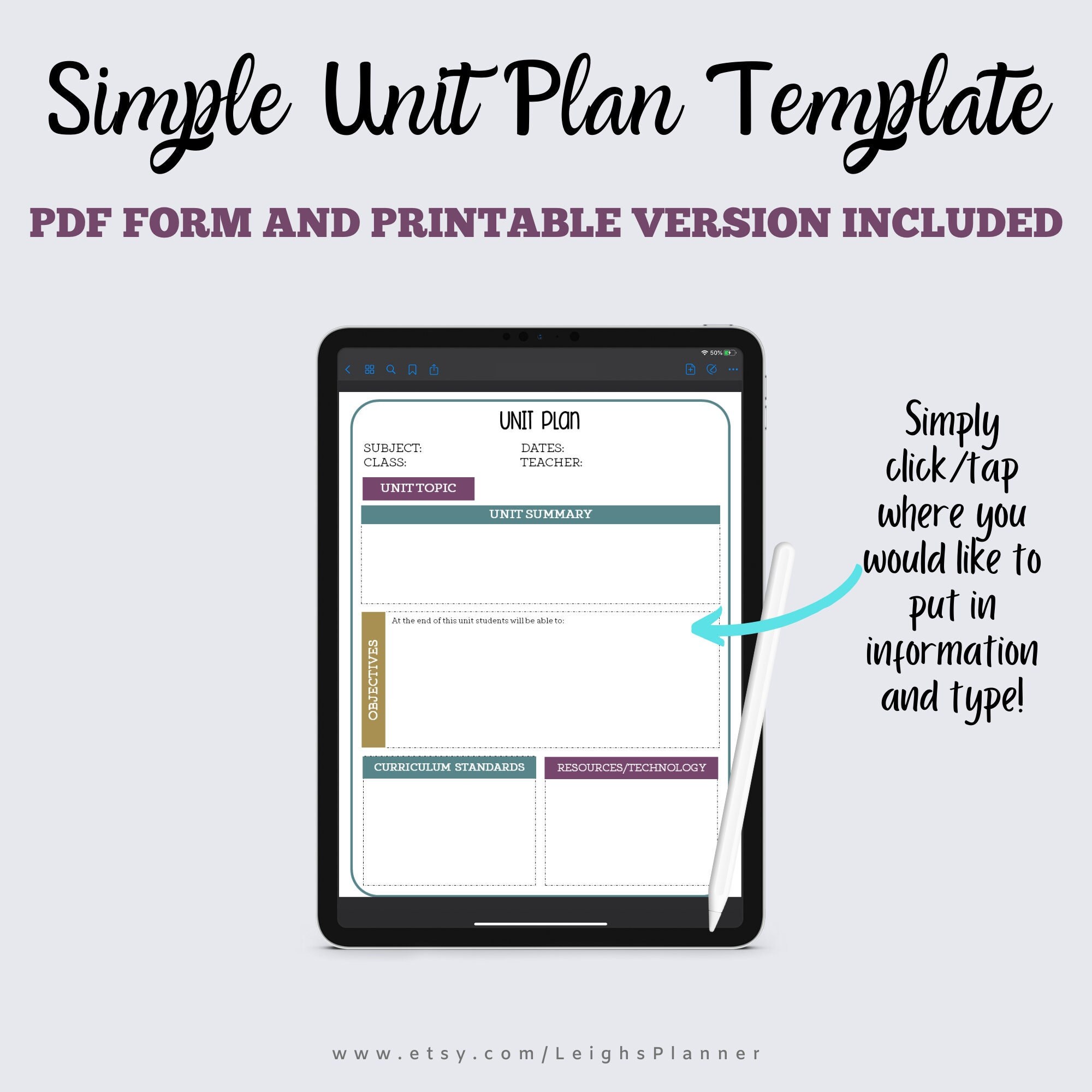 Simple Unit Plan Template Etsy