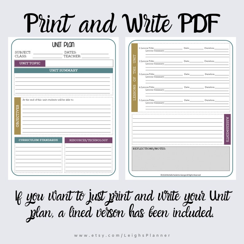 Simple Unit Plan Template Etsy
