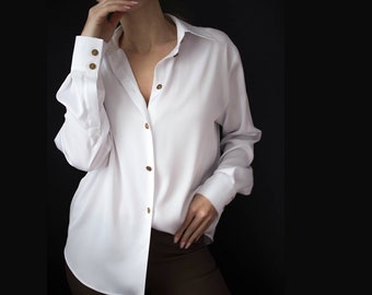 Satin shirt for women in colors. Metal button down shirt woman.