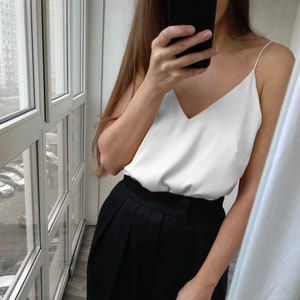 Satin cami white. Camisole spaghetti straps.