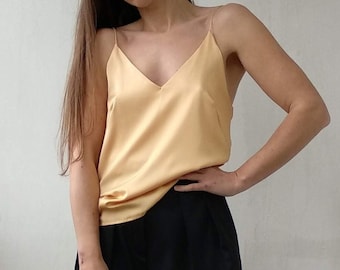 V-neck satin camisole in colors. Sleeveless silk cami top. Camisole satin V neckline for women. Special gift for her silk top