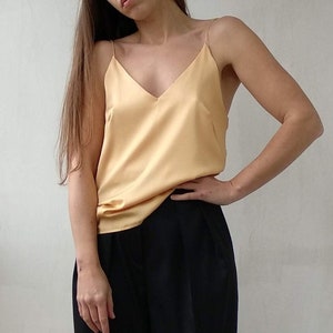 V-neck satin camisole in colors. Sleeveless silk cami top. Camisole satin V neckline for women. Special gift for her silk top
