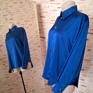 Satin shirt for women in colors. Silk blouse long sleeve. Metal button down shirt woman. Loose silk shirt women