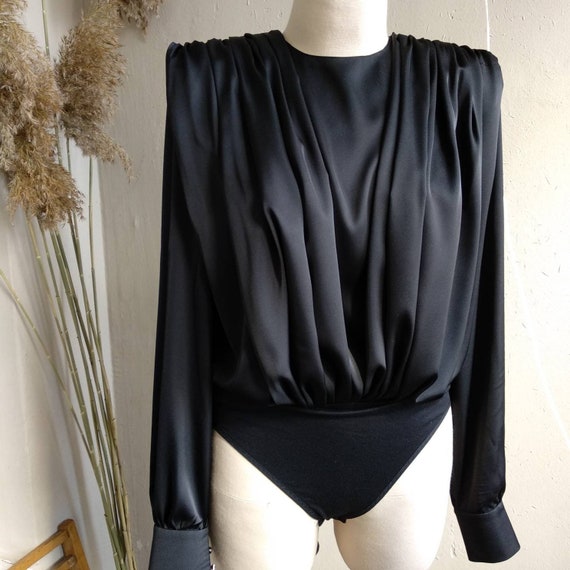 Satin Blouse Bodysuit for Women. Black Silk Bodysuit Woman. Long