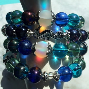Swimming Horses Blue Beaded with Seahorse Charms Memory Wire Bracelet