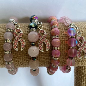 Pink Ribbon Rose Quartz Pink Natural Mashan Jade Breast Cancer Awareness Stretch Artisan Bracelets