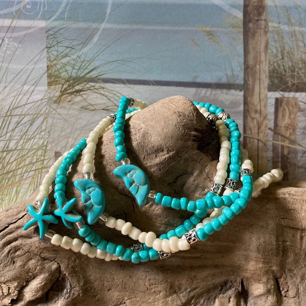 Aqua and Ivory Bead Starfish Celestial Moon Boho Beach Jewelry Stretch Ankle Bracelet Layer Beach Anklet