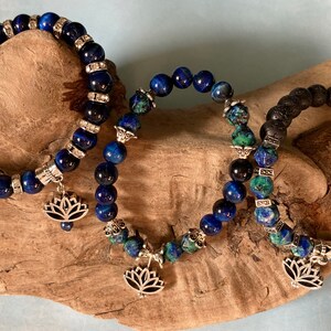 Blue Star Cut Labradorite Cats Eye Lotus Flower Charm Boho Artisan Stretch Layer Bracelet