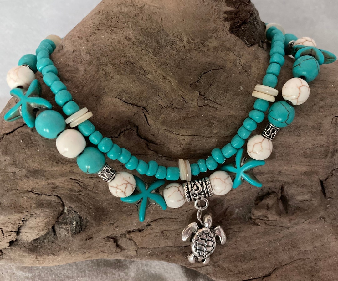 Double Strand Beaded Beach Ankle Bracelet Boho Turtoise Shell Charm