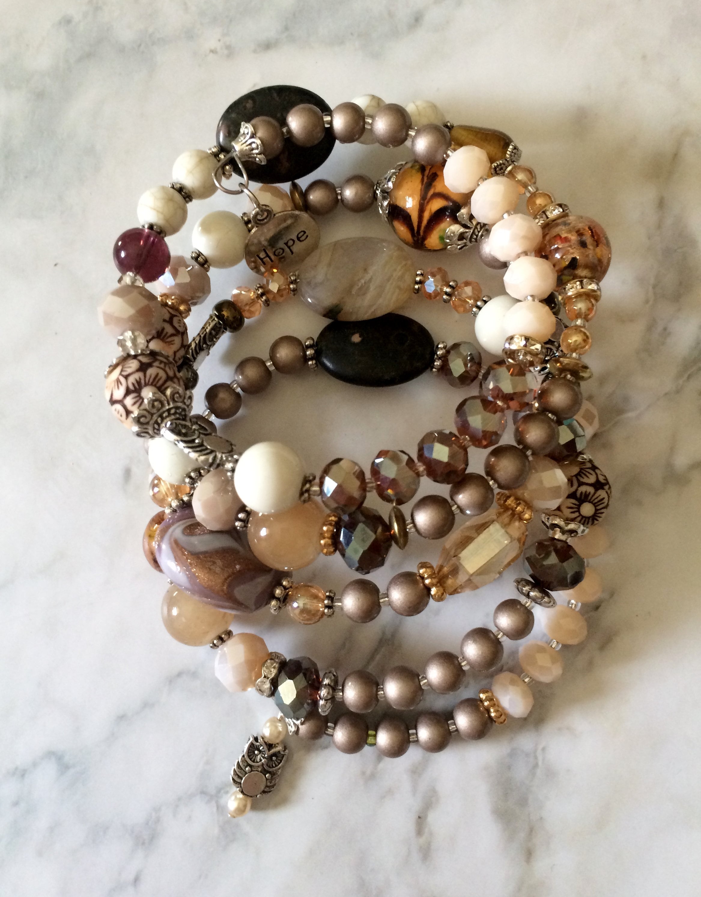 Brown Earthy Owl Beaded Memory Wire Boho Wrap Bohemian Bracelet with Owl Charms