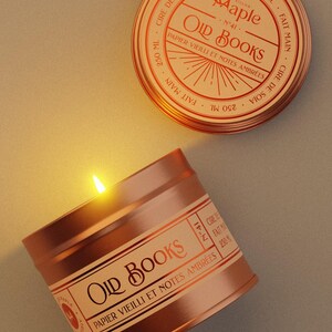 May include: A copper-coloured metal candle tin with a lit wick and a matching lid. The label reads "Atelier Maple", "Old Books", "N&deg;41", "Papier vieilli et notes ambr&eacute;es", "Cire de soja", "Fait main", and "250 ml". The candle emits a warm glow.