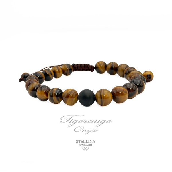 Tigerauge Onyx Shamballa Armband Größenverstellbar