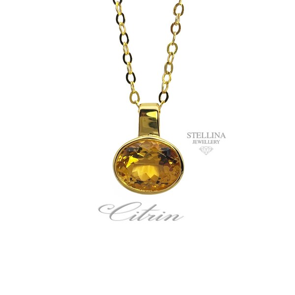 May include: A gold chain necklace with a citrine pendant. The pendant is a round, faceted stone set in a gold bezel.