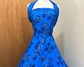 Vintage 50s Blue Butterfly Convertible Hawaiian Print Wrap Dress size S.