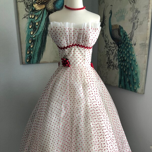 Vintage 1950's Cherry Red Polka Dot Tulle Tea Length Dress with Large Bow