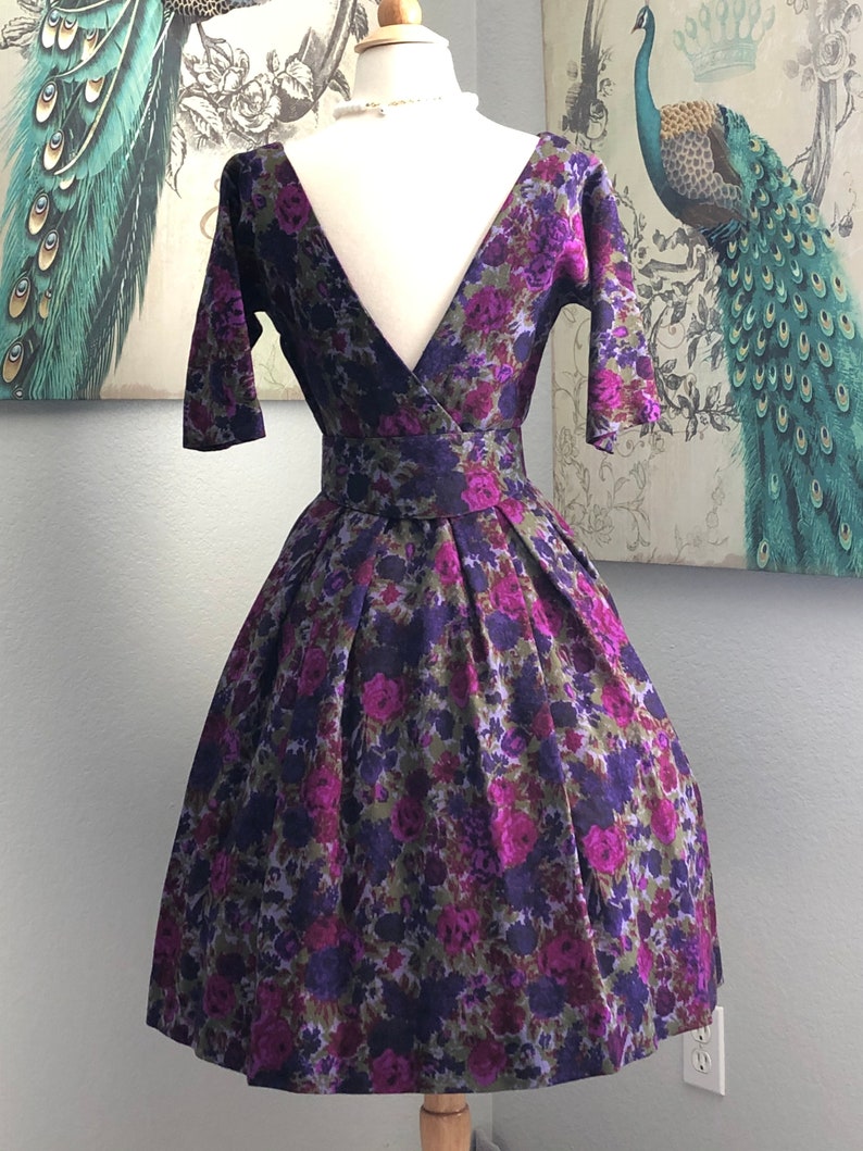 Vintage 1950/'s Mr Mort Purple Floral Wool Low Back Dress with Belt