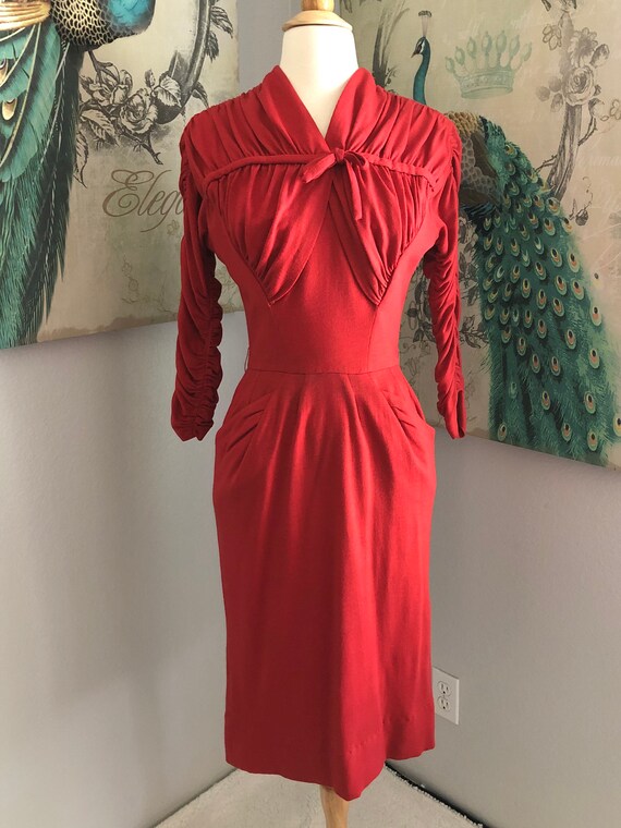 Vintage Ceil Chapman Red Ruched Top Wool Dress S
