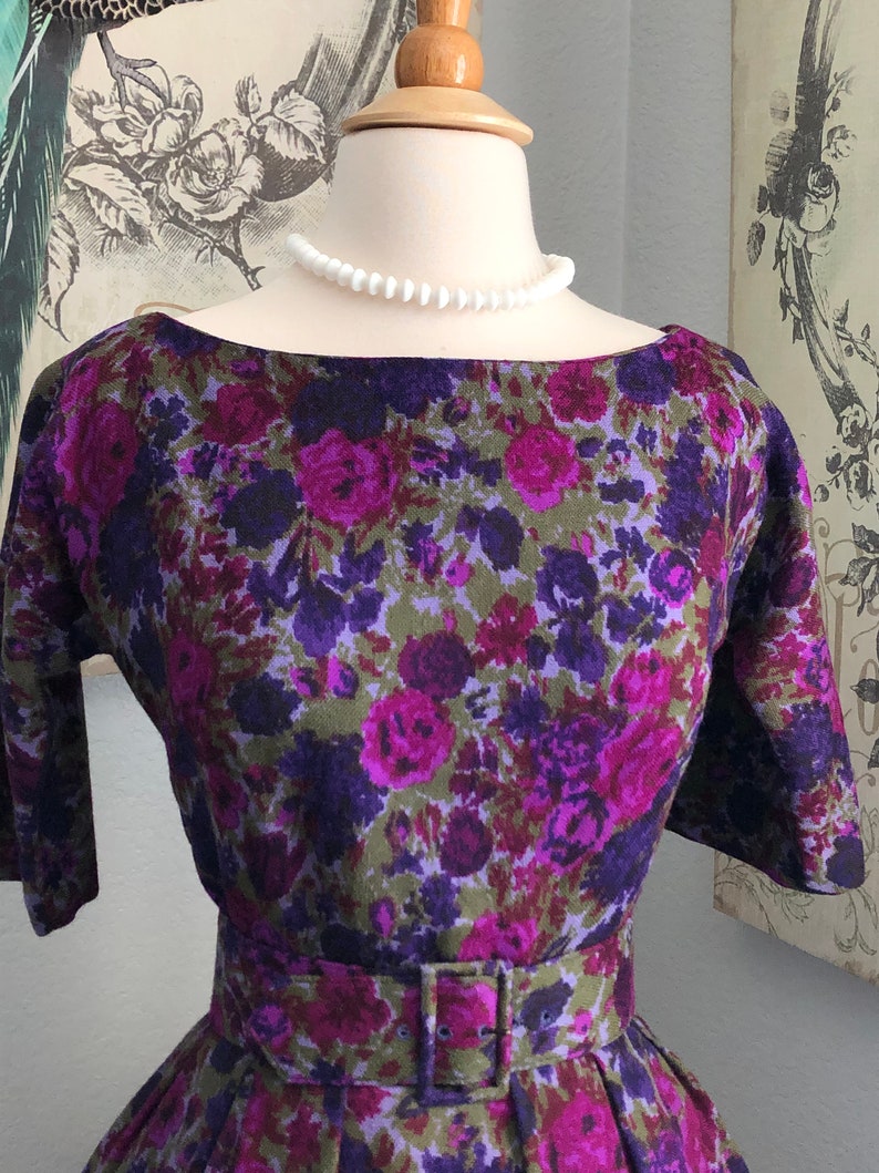 Vintage 1950/'s Mr Mort Purple Floral Wool Low Back Dress with Belt