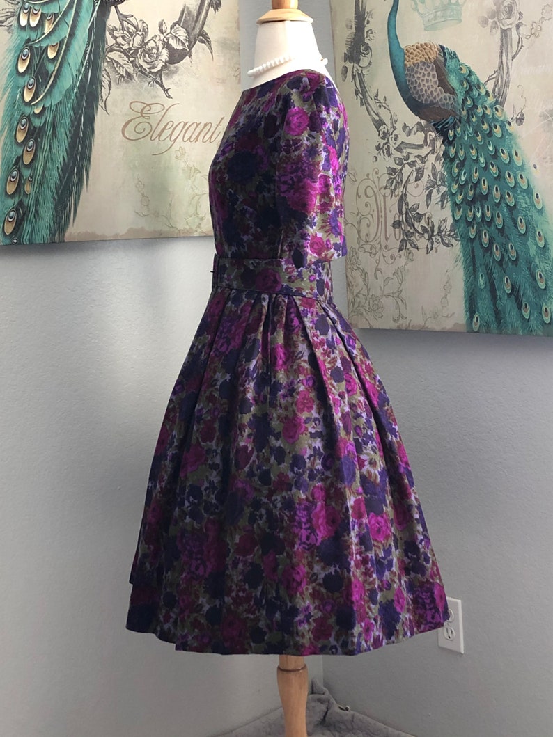 Vintage 1950/'s Mr Mort Purple Floral Wool Low Back Dress with Belt