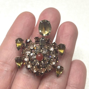May include: A gold tone turtle brooch with clear and amber rhinestones. The turtle has a red rhinestone in the center of its shell.