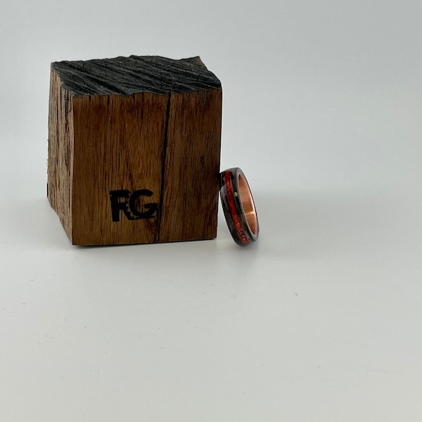 Bog Oak Crushed ruby red opal ring - Bentwood ring -  Opal inlay ring