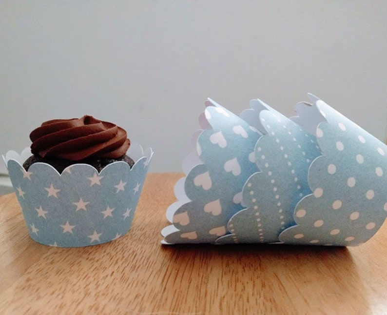 12 count Hearts and Stars Cupcake Wrappers Light Blue Scalloped