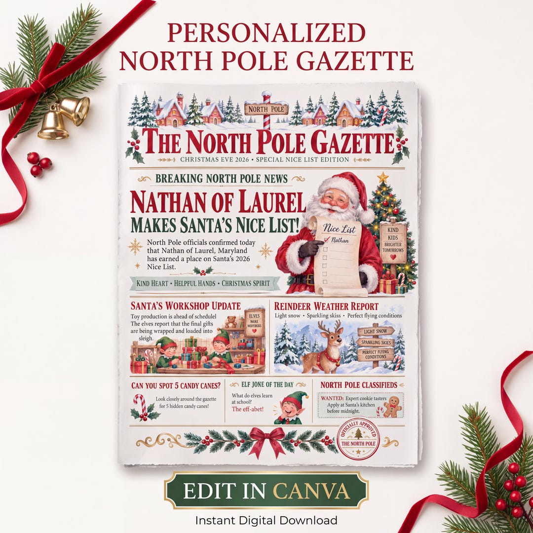 Editable North Pole Gazette Canva Template, Personalized Nice List ...