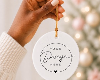 Round Ceramic Ornament Mockup, White Christmas Design Display (Digital Download)